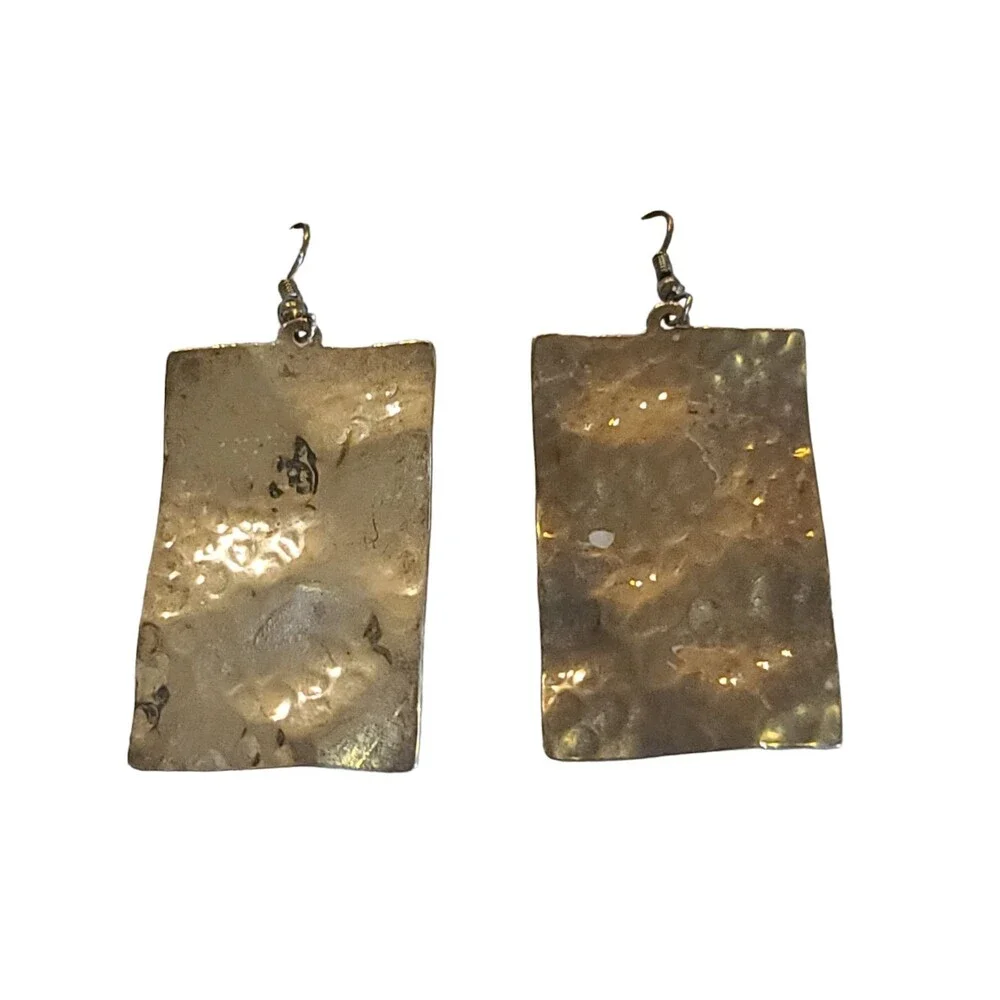 Vitage Solid 925 Sterling Silver Hammered Rectangle Hook Earrings